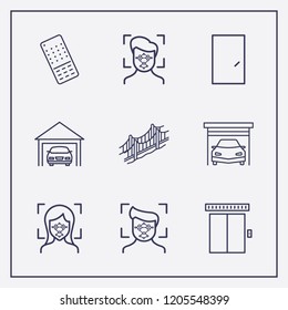 Outline 9 gate icon set. remote controller, door, golden gate bridge and elevator vector illustration