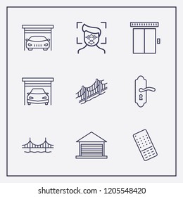 Outline 9 gate icon set. elevator, door handle, garage and golden gate bridge vector illustration