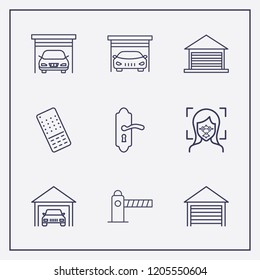 Outline 9 gate icon set. door handle, remote controller, facial recognition and parking barrier vector illustration