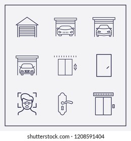 Outline 9 gate icon set. door, elevator, door handle and facial recognition vector illustration