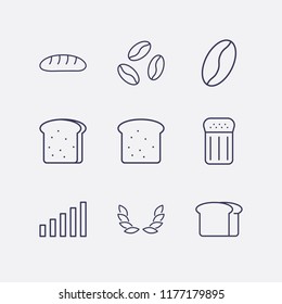 Outline 9 grain icon set. bread, signal bars, salt, wheat and coffee bean vector illustration