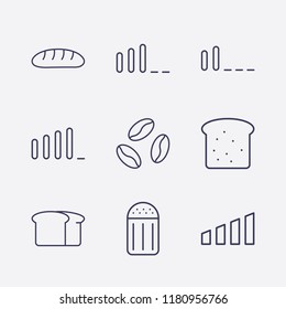 Outline 9 grain icon set. salt, coffee bean, bread and signal bars vector illustration