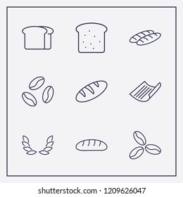 Outline 9 grain icon set. wheat, coffee bean, bread and paper vector illustration