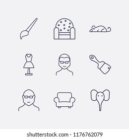 Outline 9 grey icon set. elephant, armchair, mannequin, rat, brush and glasses man vector illustration