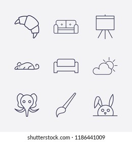 Outline 9 grey icon set. board, sofa, cloudy, elephant, brush, croissant, rat and rabbit vector illustration