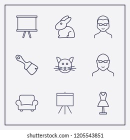 Outline 9 grey icon set. cat, rabbit, mannequin and brush vector illustration