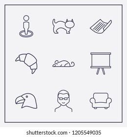 Outline 9 grey icon set. glasses man, cat, paper and parrot head vector illustration