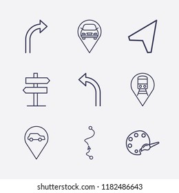 Outline 9 guide icon set. signpost, distance map, car location, palette, train location, location arrow, turn right arrow and turn left arrow vector illustration