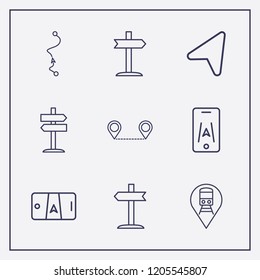 Outline 9 guide icon set. right signpost, distance map, left signpost and location arrow vector illustration
