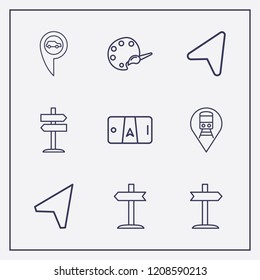 Outline 9 guide icon set. smartphone map, train location, right signpost and left signpost vector illustration