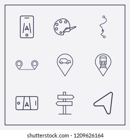 Outline 9 guide icon set. train location, signpost, location arrow and palette vector illustration
