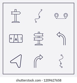 Outline 9 guide icon set. location arrow, signpost, distance map and smartphone map vector illustration