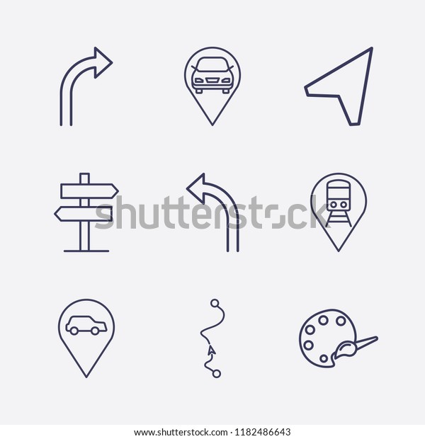 Outline 9 guide icon set.\
signpost, distance map, car location, palette, train location,\
location arrow, turn right arrow and turn left arrow vector\
illustration