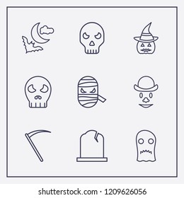 Outline 9 halloween icon set. bat and moon, halloween skeleton, halloween ghost and halloween pumpkin vector illustration