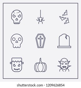Outline 9 halloween icon set. halloween vampire, halloween spider, frankenstein and halloween coffin vector illustration