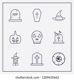 Outline 9 halloween icon set. grave, skeleton, witch costume and eye vector illustration