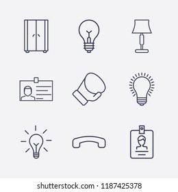 Outline 9 hanging icon set. id card, wardrobe, lampshade, lamp, boxing glove and handset down vector illustration