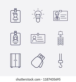 Outline 9 hanging icon set. lampshade, crane hook, wardrobe, boxing glove, id card and lamp vector illustration