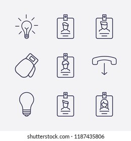 Outline 9 hanging icon set. handset down, id card, lamp and boxing glove vector illustration