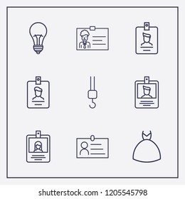 Outline 9 hanging icon set. wedding dress, id card, lamp and crane hook vector illustration