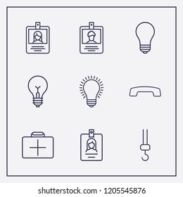 Outline 9 hanging icon set. lamp, medicine chest, crane hook and id card vector illustration