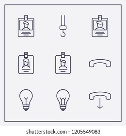 Outline 9 hanging icon set. handset down, crane hook, lamp and id card vector illustration