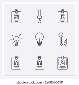 Outline 9 hanging icon set. crane hook, fish hook, id card and lamp vector illustration