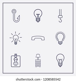 Outline 9 hanging icon set. fish hook, lampshade, hang up and id card vector illustration