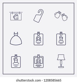 Outline 9 hanging icon set. lampshade, boxing gloves, beer billboard and door tag vector illustration