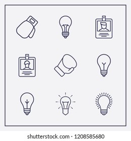 Outline 9 hanging icon set. lamp, id card and boxing glove vector illustration