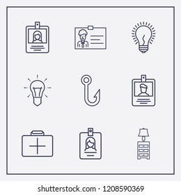 Outline 9 hanging icon set. lampshade, lamp, id card and fish hook vector illustration
