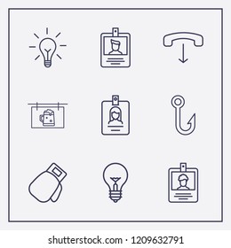 Outline 9 hanging icon set. lamp, beer billboard, boxing glove and handset down vector illustration