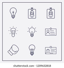 Outline 9 hanging icon set. lamp, id card and boxing glove vector illustration