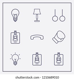 Outline 9 hanging icon set. lamp, lampshade, id card and boxing glove vector illustration