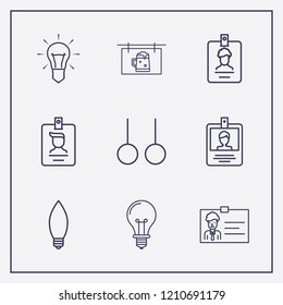Outline 9 hanging icon set. sport ring, id card, beer billboard and lamp vector illustration