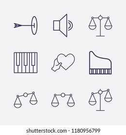 Outline 9 harmony icon set. piano keyboard, piano, balance, targer, sound and heart with hand vector illustration