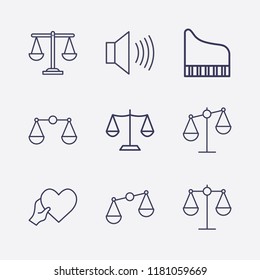 Outline 9 harmony icon set. sound, piano, heart with hand and balance vector illustration