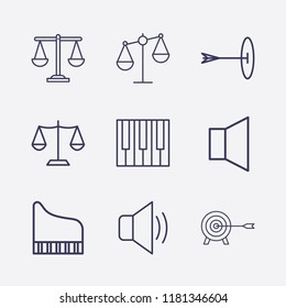 Outline 9 harmony icon set. targer, sound, piano, piano keyboard and balance vector illustration