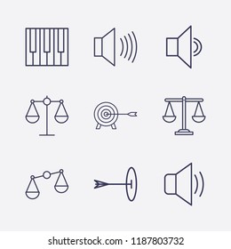 Outline 9 harmony icon set. sound, piano keyboard, balance and targer vector illustration