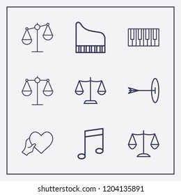 Outline 9 harmony icon set. heart with hand, melody, piano and targer vector illustration