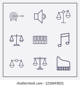 Outline 9 harmony icon set. piano, balance, sound and targer vector illustration