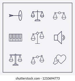 Outline 9 harmony icon set. sound, balance, targer and piano keyboard vector illustration