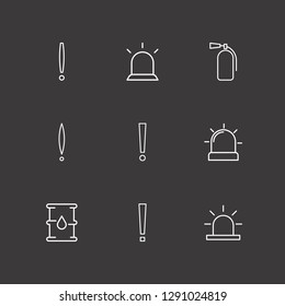 Outline 9 hazard icon set. barrel oil, alarm flasher, fire extinguisher and exclamation vector illustration