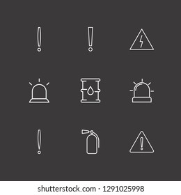 Outline 9 hazard icon set. danger, fire extinguisher, exclamation and barrel oil vector illustration