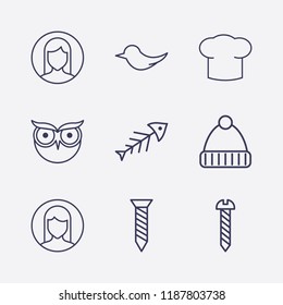 Outline 9 head icon set. winter hat, owl, screw, woman user, fish, bird and chef hat vector illustration