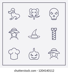 Outline 9 head icon set. elephant, halloween hat, chef hat and screw vector illustration
