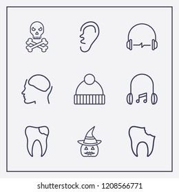 Outline 9 head icon set. ear, winter hat, head in brain and headphone vector illustration