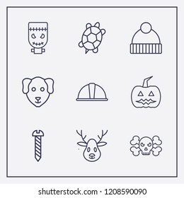 Outline 9 Head Icon Set. Screw, Safety Helmet, Halloween Skeleton And Winter Hat Vector Illustration