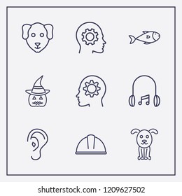 Outline 9 head icon set. fish, ear, head in gear and headphone vector illustration