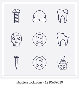 Outline 9 head icon set. halloween skeleton, halloween pumpkin, headphone and broken tooth vector illustration